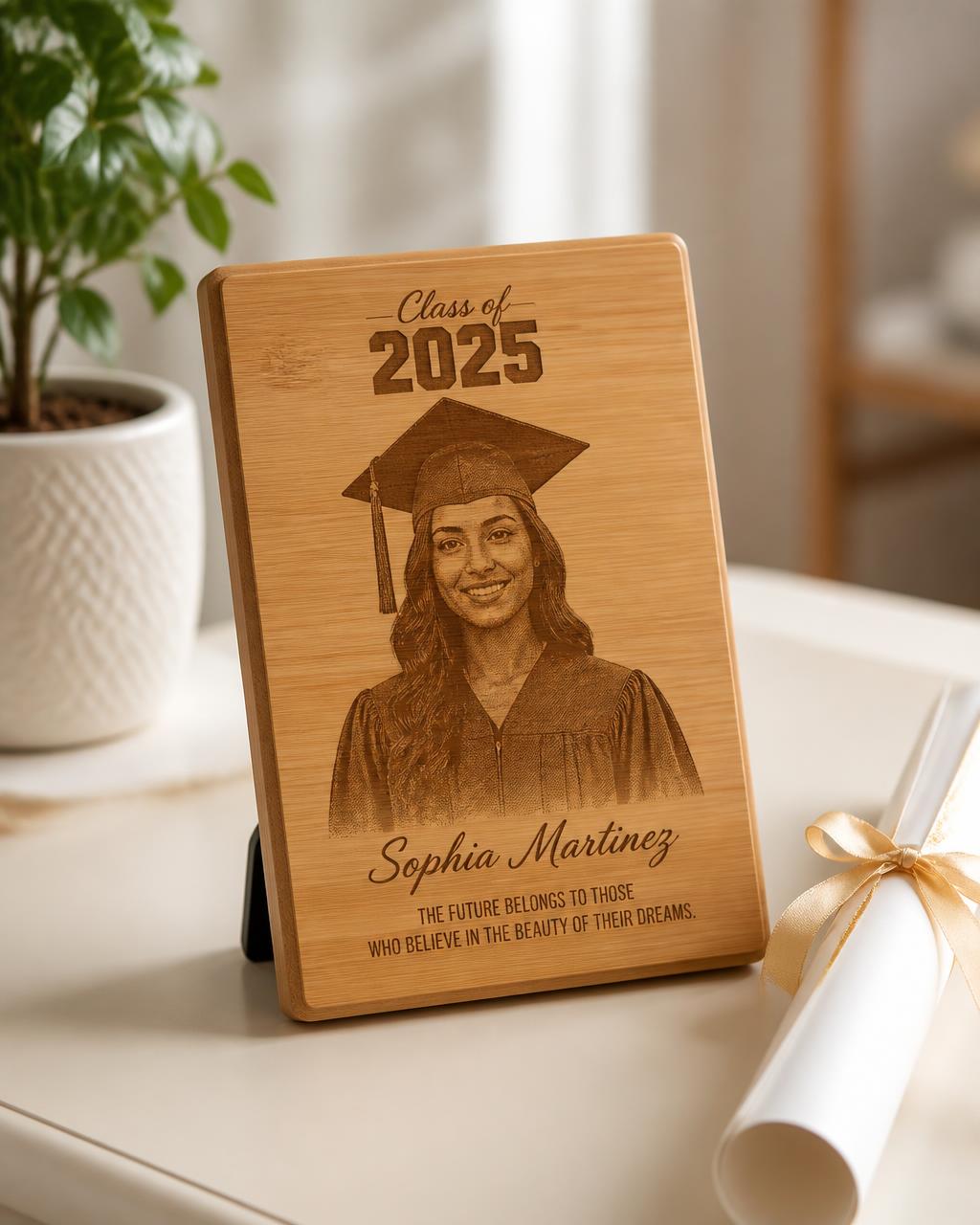 Bamboo graduation keepsake engraved with a graduate portrait