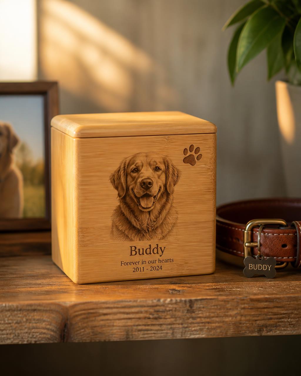 Bamboo pet memorial keepsake engraved with a dog portrait