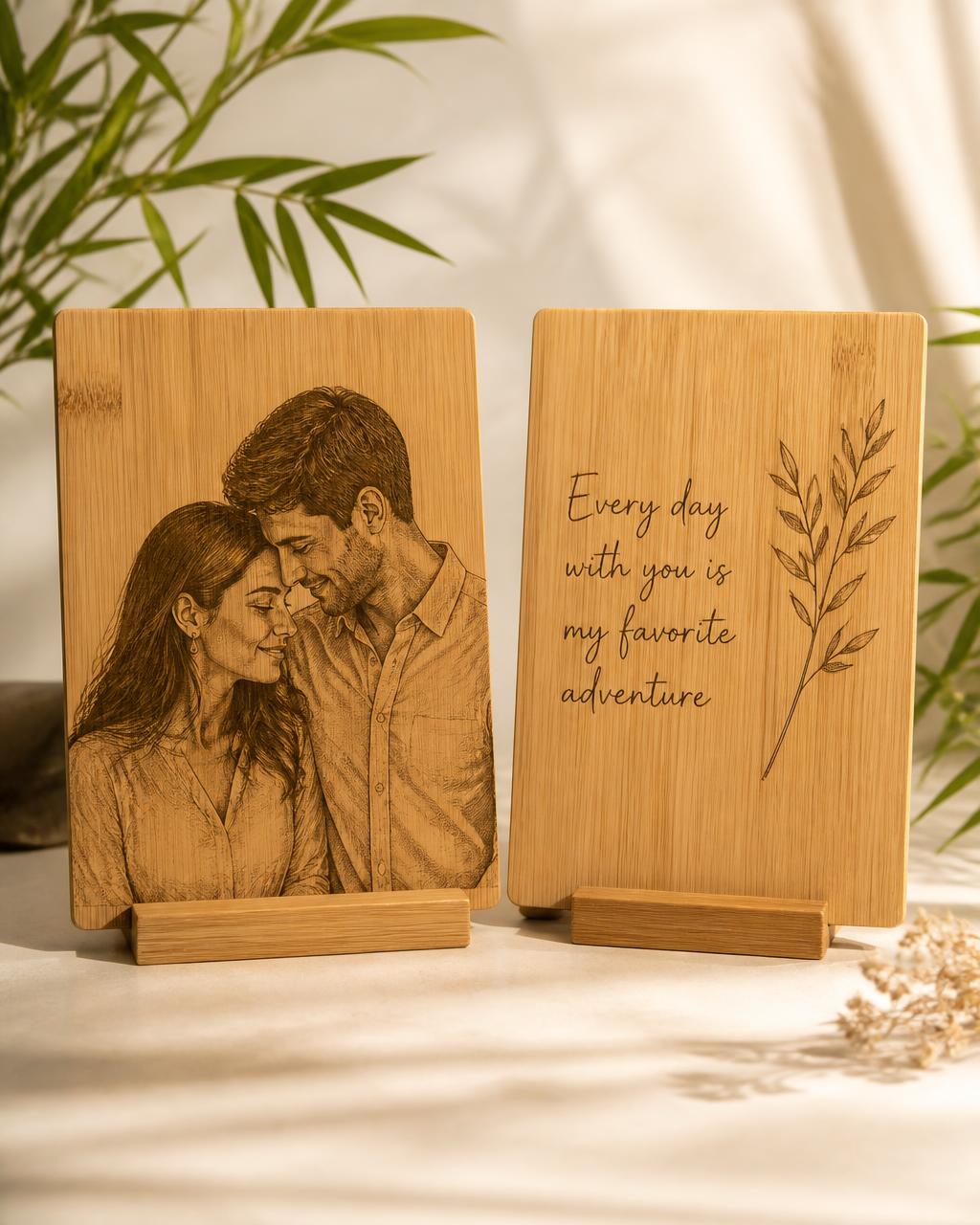 Two bamboo keepsakes showing an engraved portrait and an engraved message