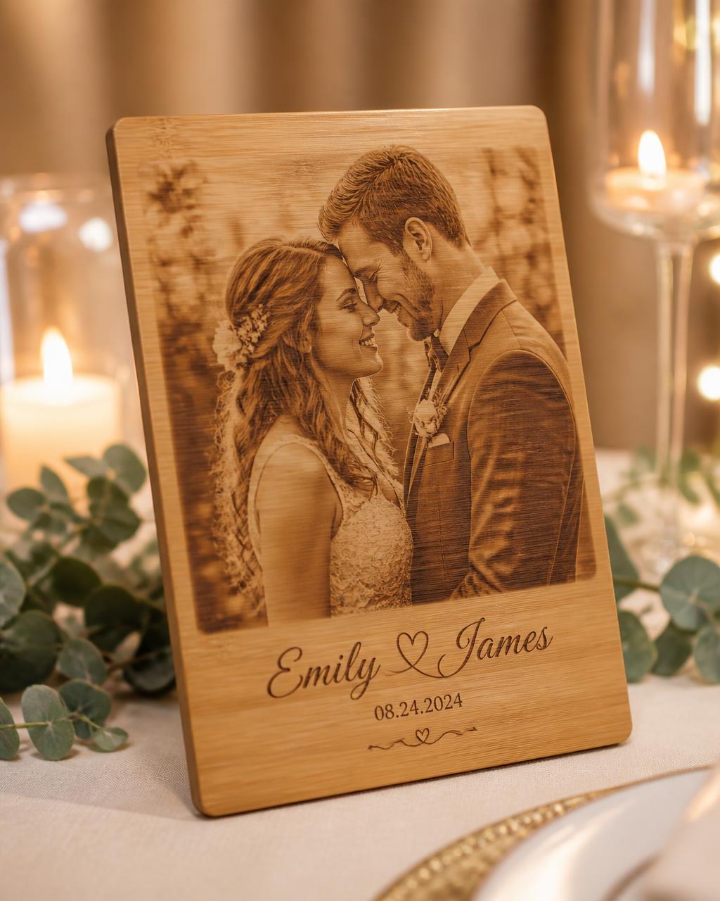 Bamboo wedding keepsake engraved with a couple photograph