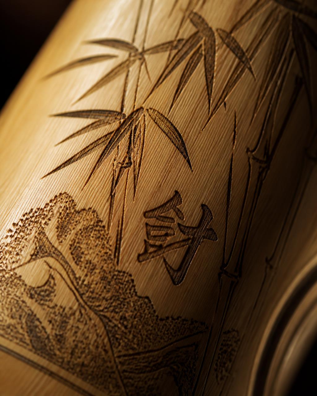 Macro view of fine engraved detail in bamboo