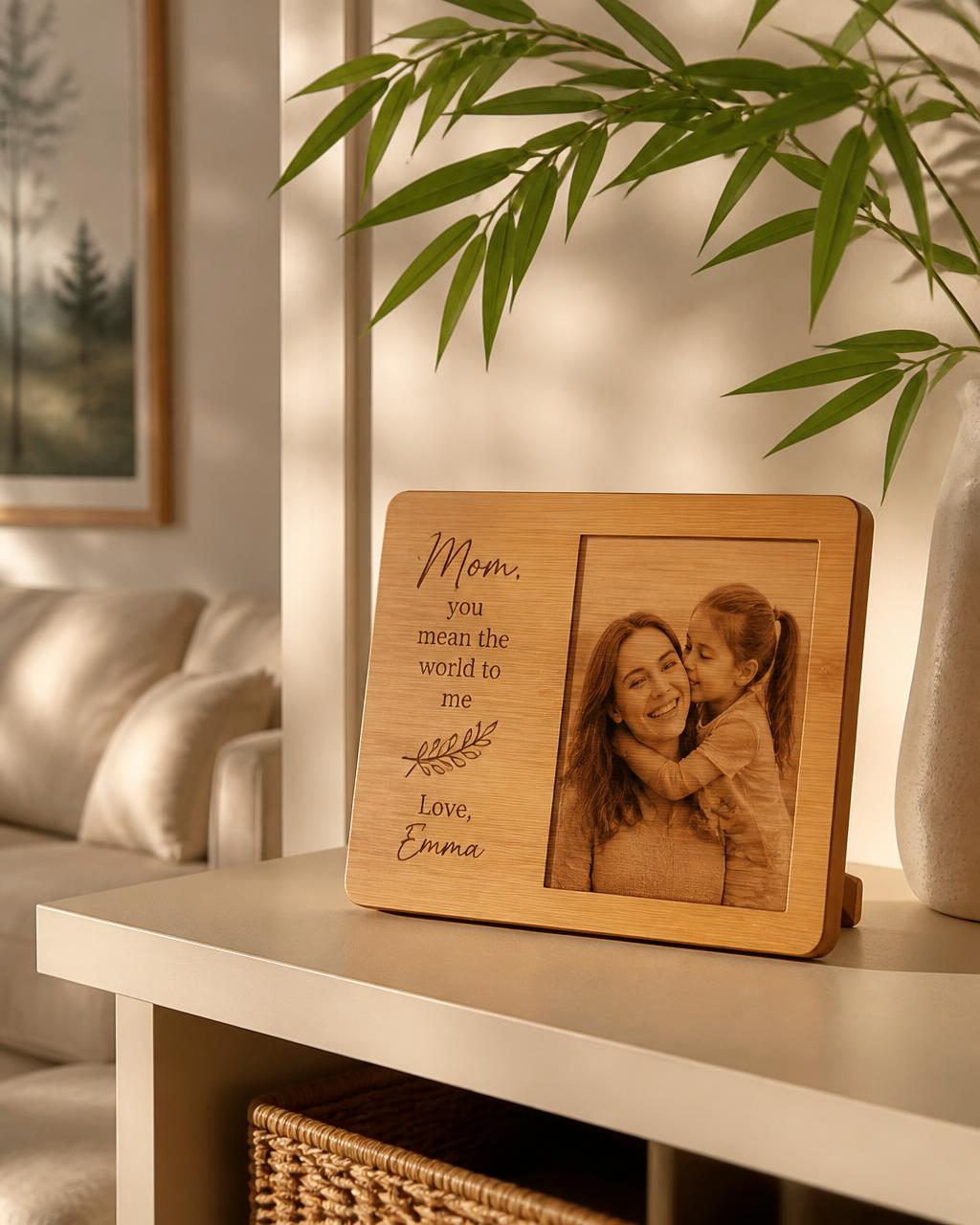 Bamboo photo keepsake on a shelf beside bamboo leaves in a warm living room