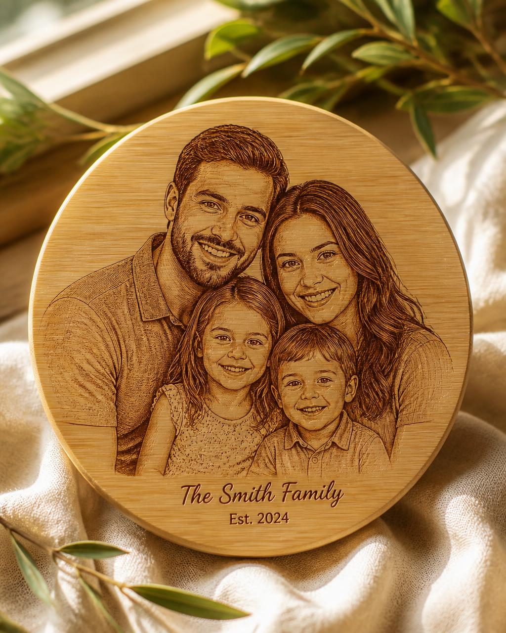 Round bamboo keepsake engraved with a family portrait